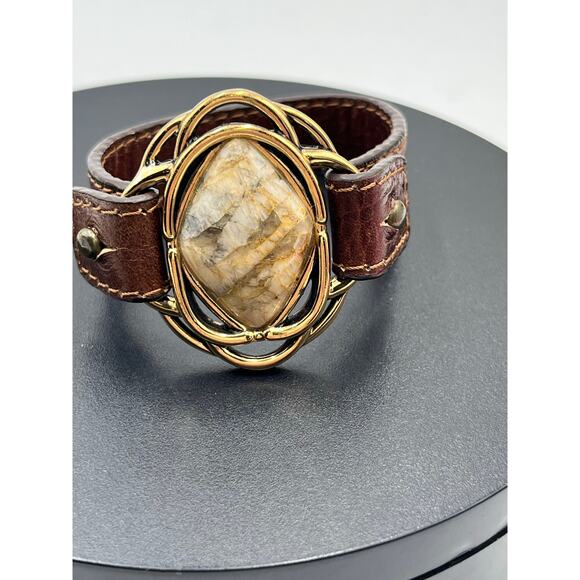 Barse Vintage African Opal Bronze Brown Tooled Genuine Leather Bracelet - Picture 2 of 11